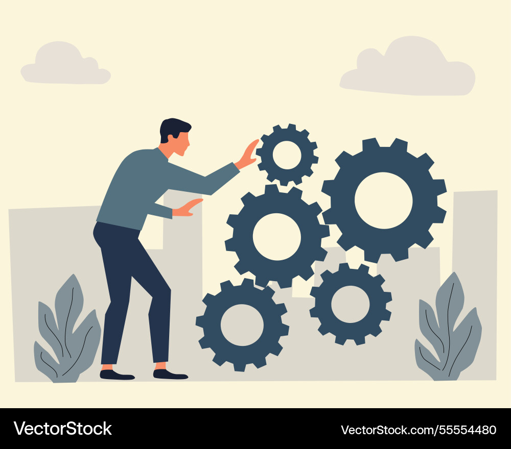 Man adjusting interconnected gears Vector Image