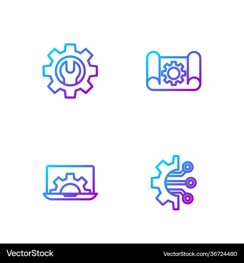 Set line algorithm laptop and gear wrench Set line algorithm laptop and gear wrench Vector Image