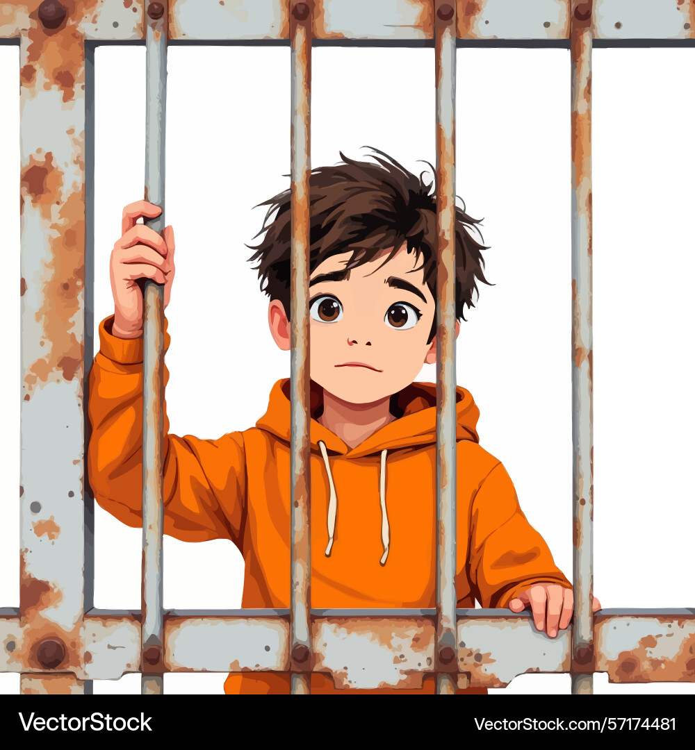 Ai-generated sad child holding metal bars of gate Vector Image
