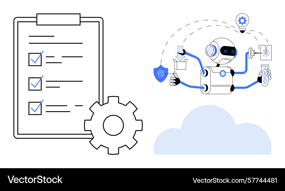 Ai robot managing tasks with checklist gear Ai robot managing tasks with checklist gear vector image