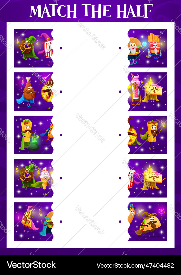Match the half halloween fast food cartoon wizards Match the half halloween fast food cartoon wizards vector image