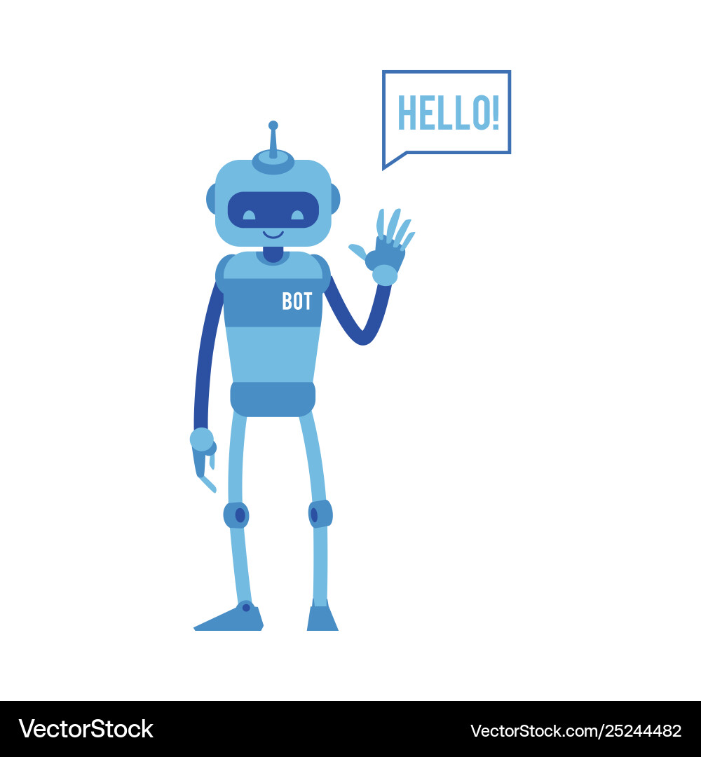 Smiling chat bot waving hand saying hello vector image