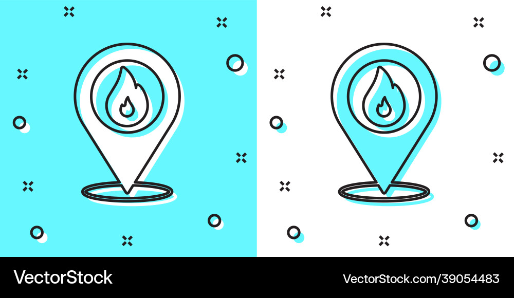 Black line map pointer with fire flame icon Black line map pointer with fire flame icon Vector Image