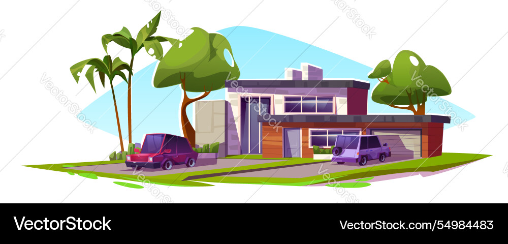 Cartoon modernes Haus mit Garage zwei geparkten Autos Cartoon modernes Haus mit Garage zwei geparkten Autos vektorbild