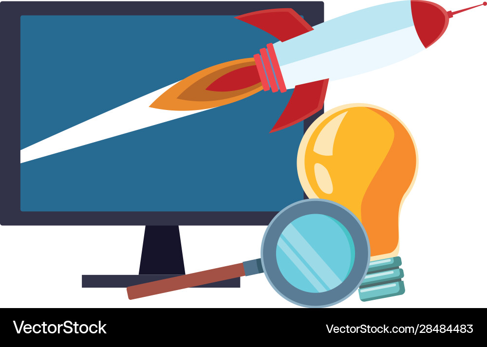 Computer with rocket space and light bulb vector image