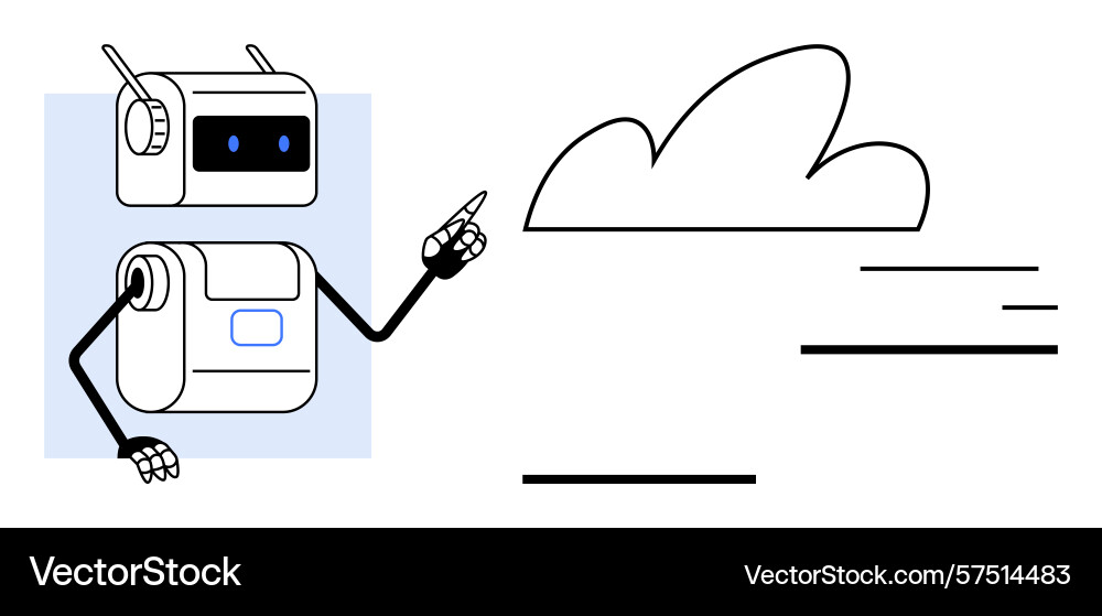 Friendly robot pointing at cloud symbolizing Friendly robot pointing at cloud symbolizing vector image
