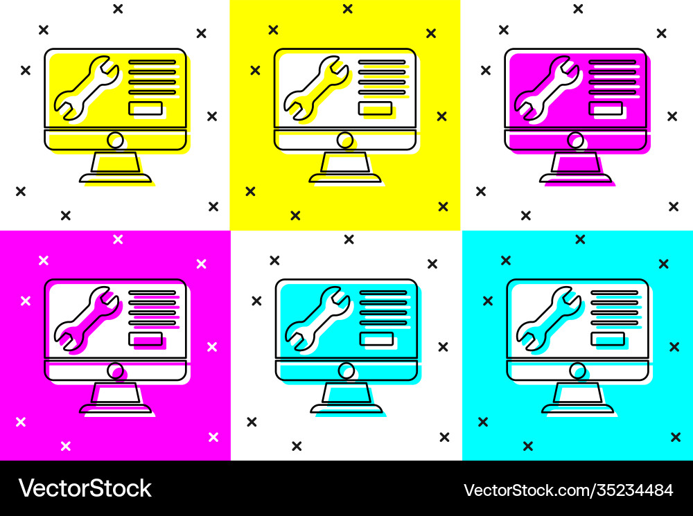 Set computer monitor with wrench icon isolated Set computer monitor with wrench icon isolated vector image