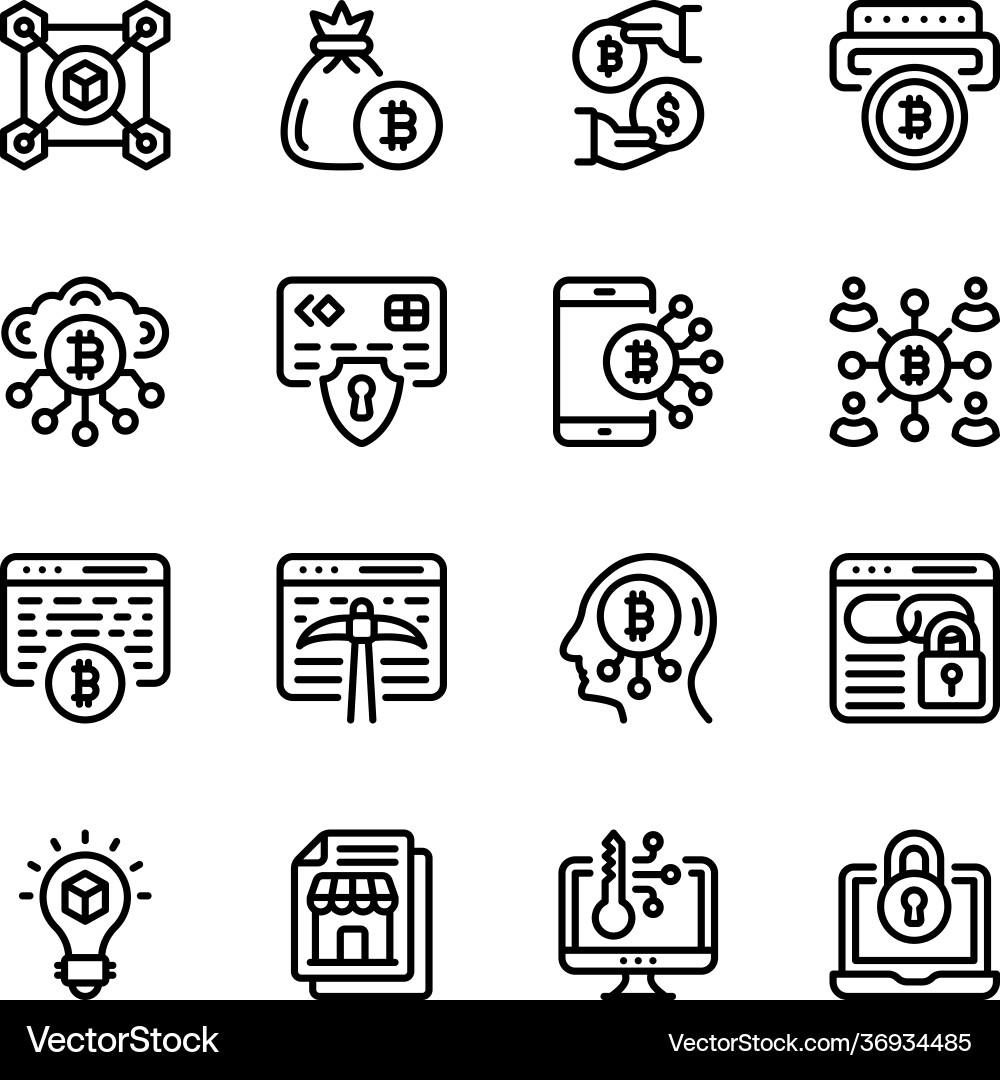 Bitcoin mining and blockchain linear icons vector image
