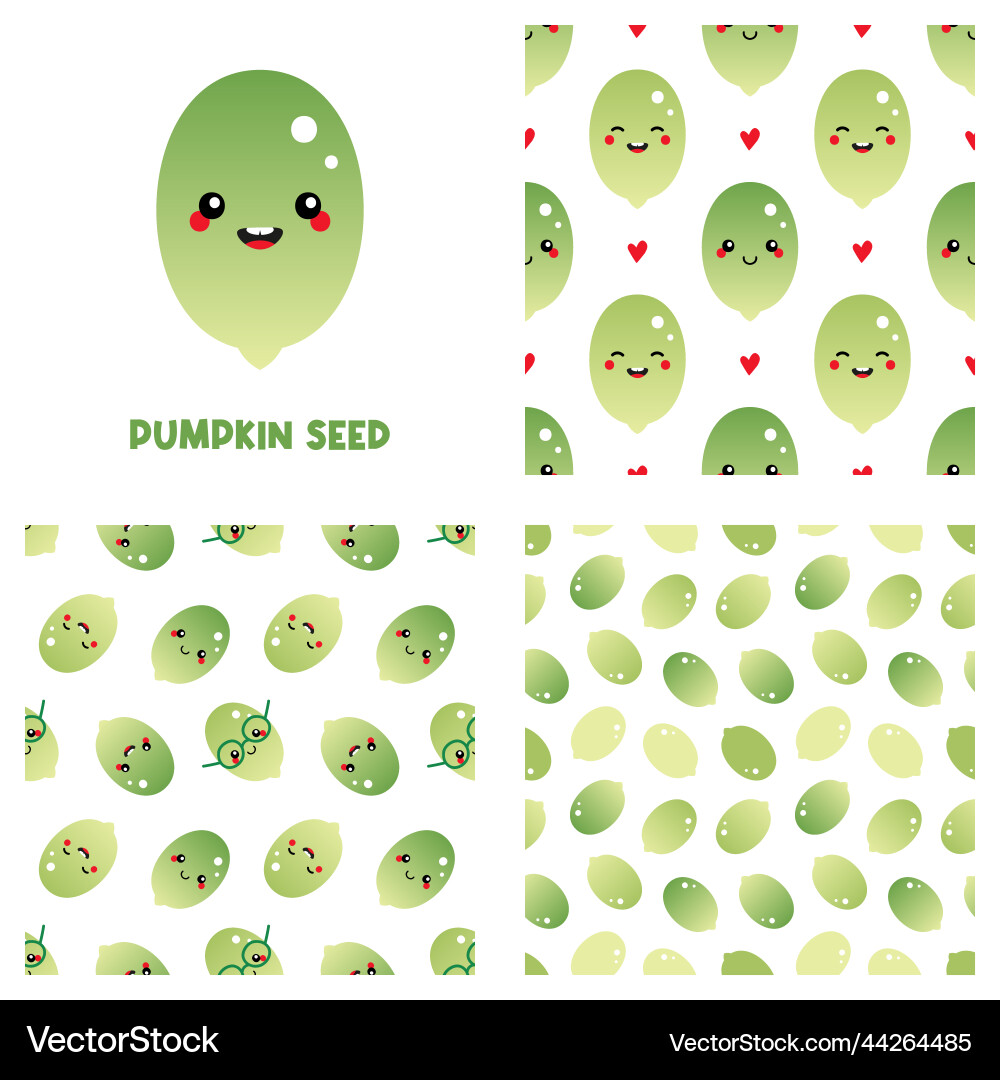 Pumpkin seed character and set of three patterns Pumpkin seed character and set of three patterns vector image