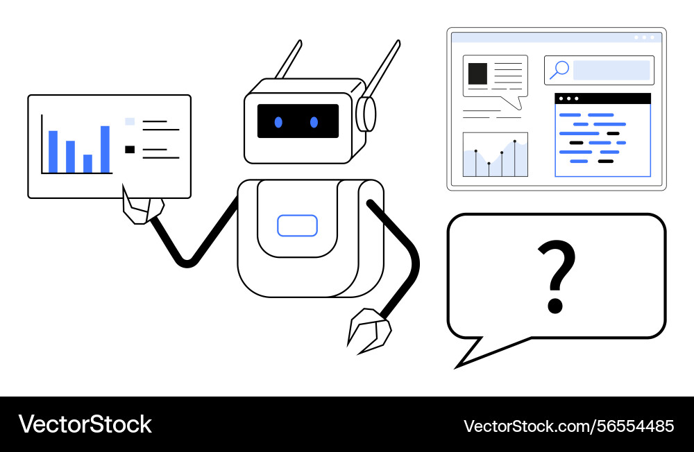 Robot analyzing data and presenting insights Robot analyzing data and presenting insights vector image