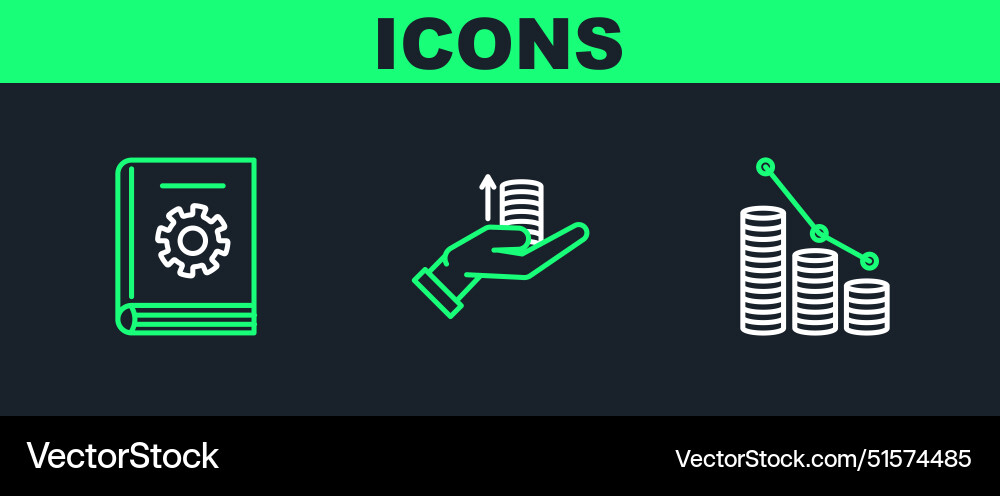 Set line pie chart infographic and coin user Set line pie chart infographic and coin user Vector Image