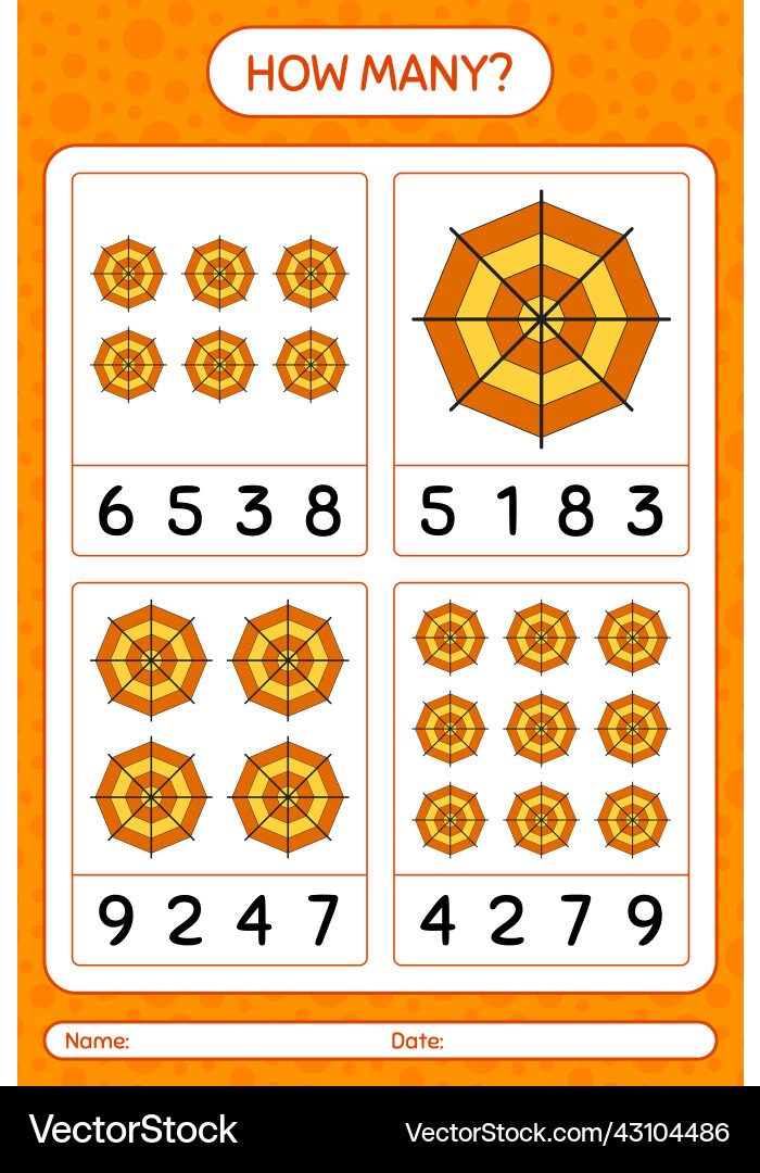 How many counting game with spider web worksheet Vector Image
