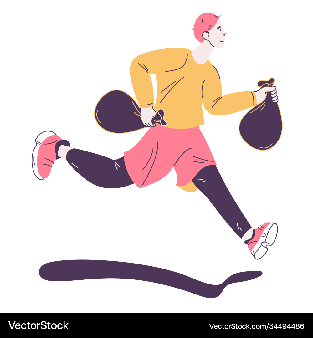 Man jogging with trash flat outline character Man jogging with trash flat outline character Vector Image