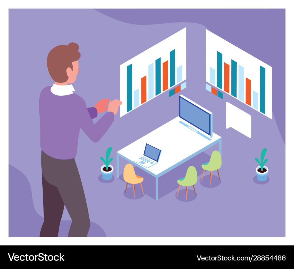 Man working on a project work office Man working on a project work office Vector Image