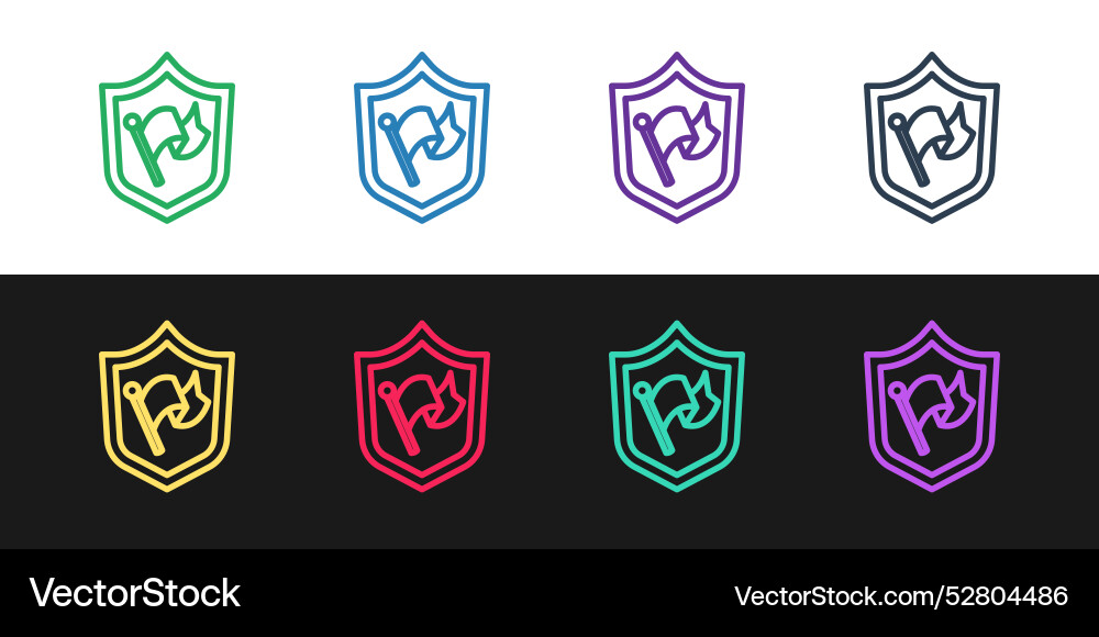 Set line shield with flag icon isolated on black Vector Image