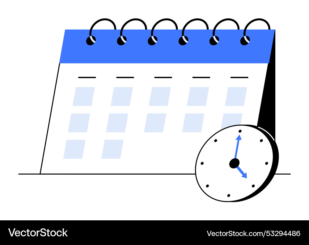 Simplified desk calendar with clock for efficient Simplified desk calendar with clock for efficient vector image