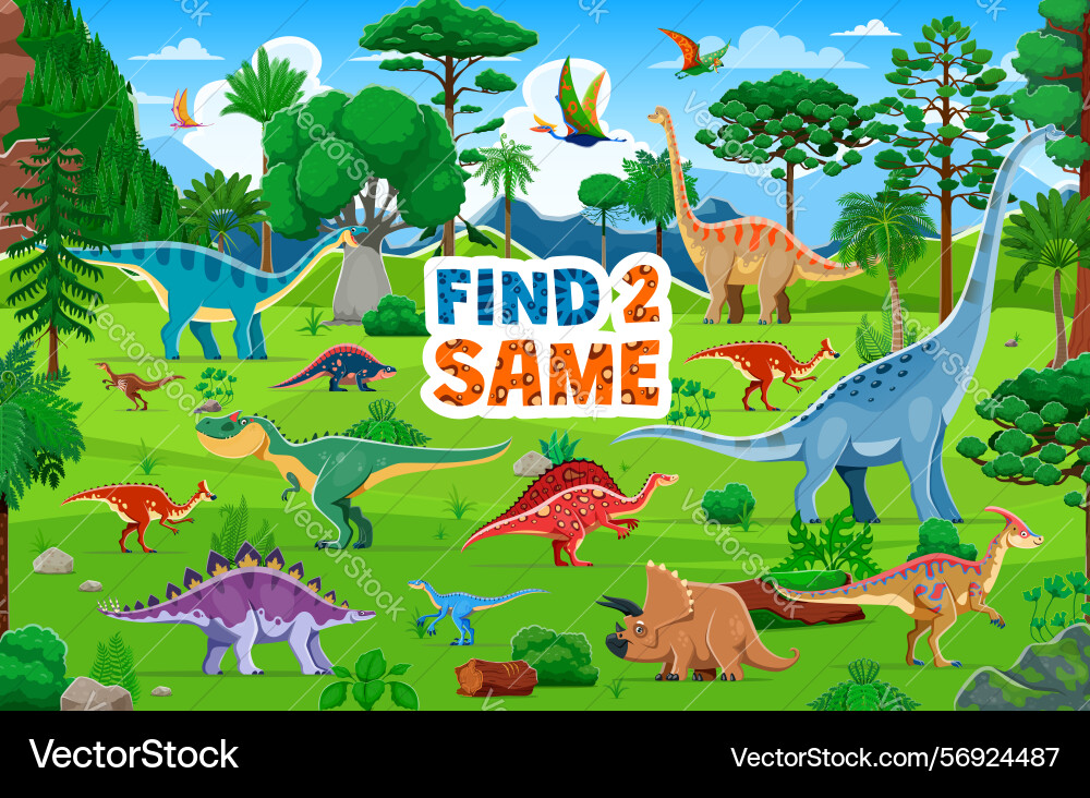 Find two same dinosaur characters game worksheet Find two same dinosaur characters game worksheet vector image