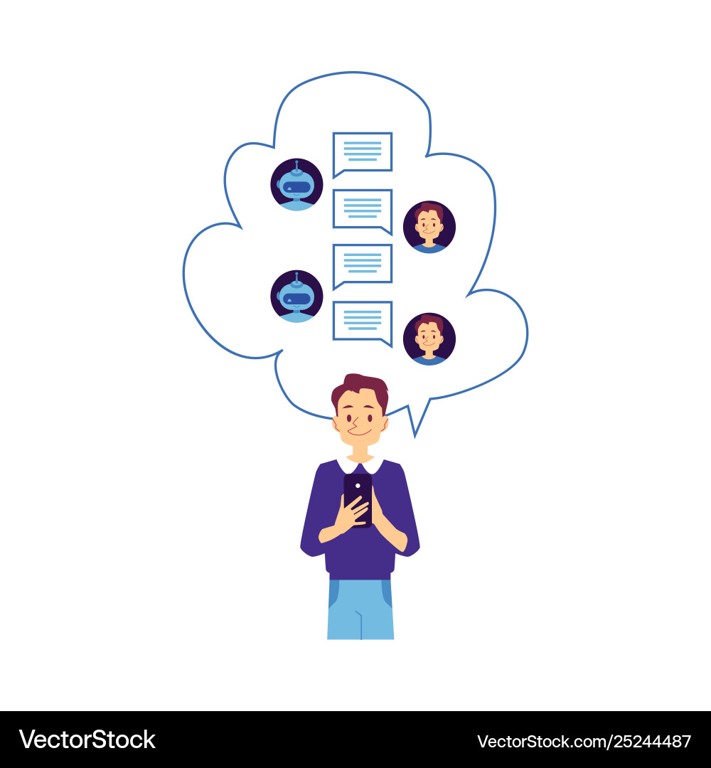 Young man dialog with chat bot vector image