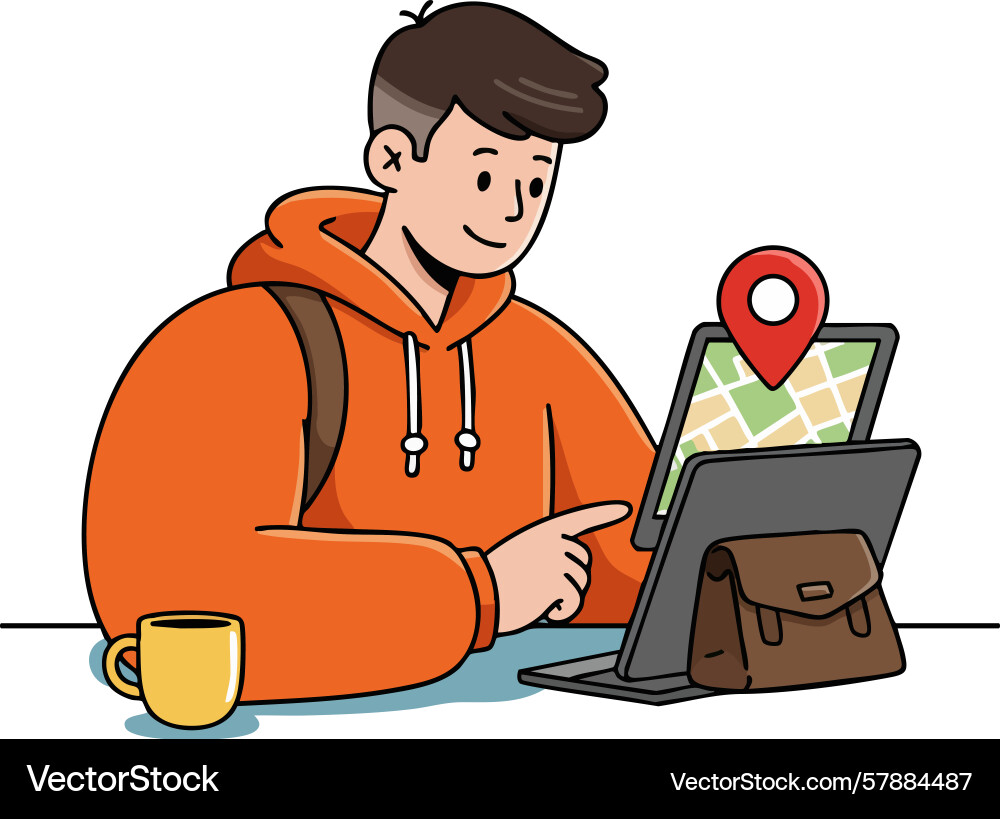 Young man using tablet for navigation with map Young man using tablet for navigation with map vector image