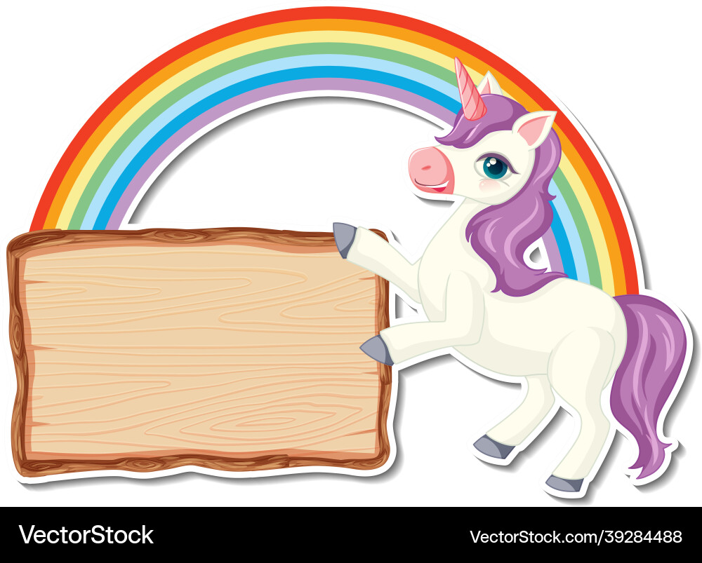 Cute unicorn stickers with blank wooden banner vector image