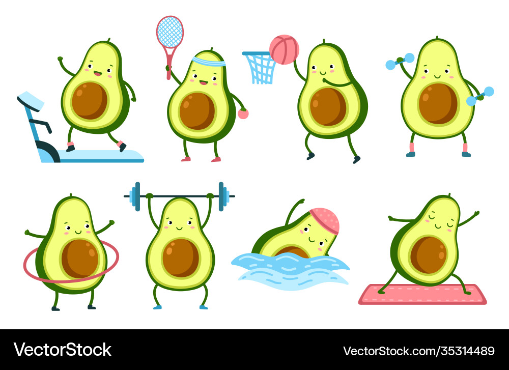 Avocado fitness cartoon food gym healthy fruits vector image