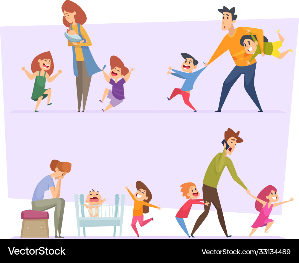Big family tired parents with crazy happy funny Big family tired parents with crazy happy funny vector image