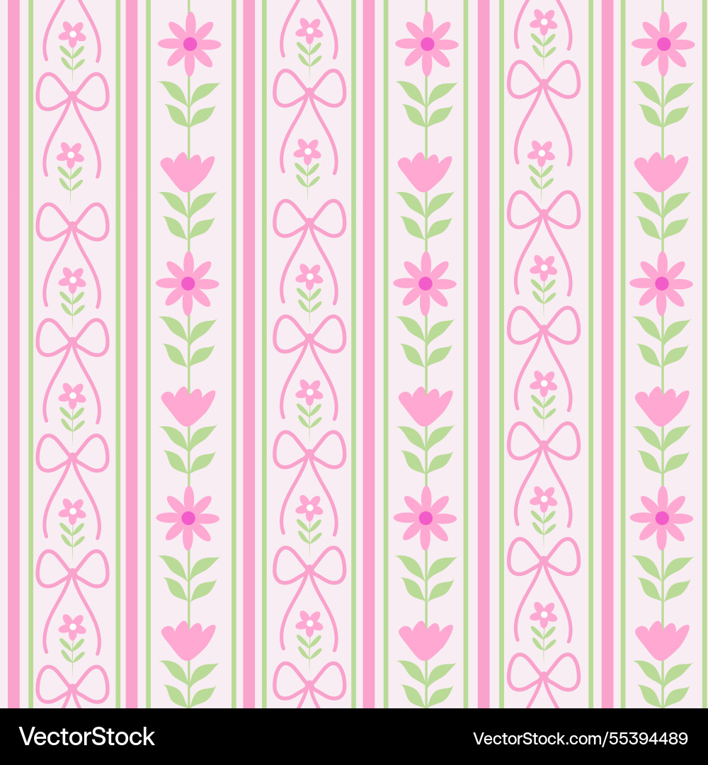 Coquette bows with floral stripes seamless pattern Coquette bows with floral stripes seamless pattern vector image