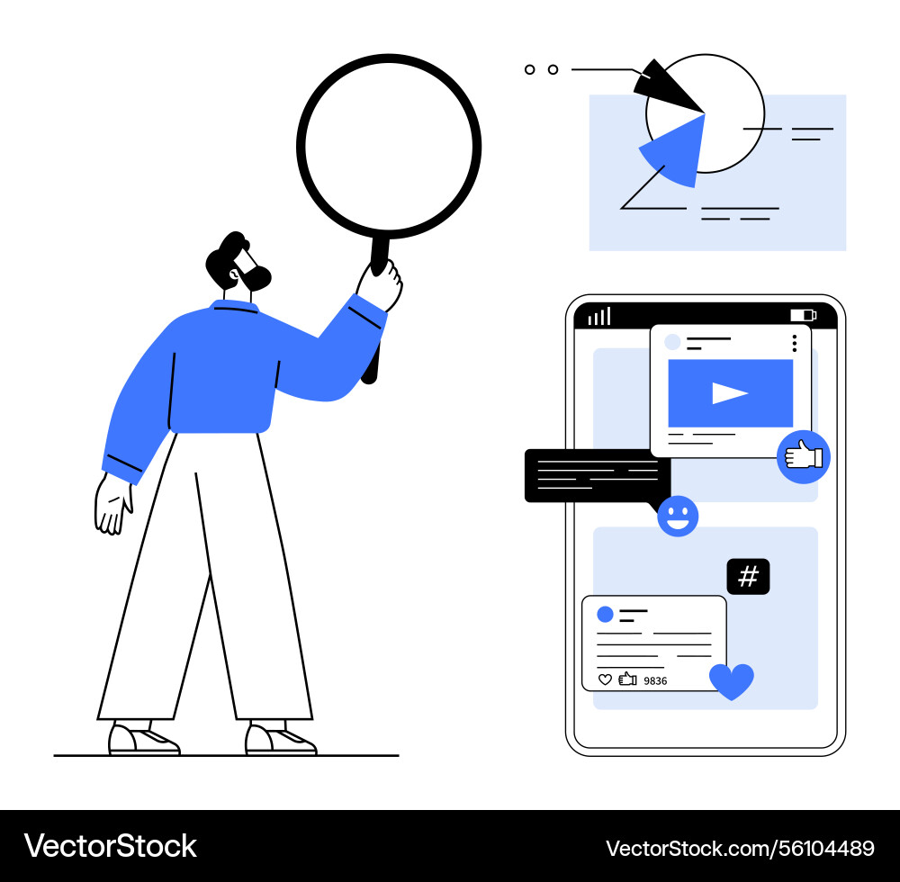 Man analyzing digital content with magnifying Man analyzing digital content with magnifying vector image