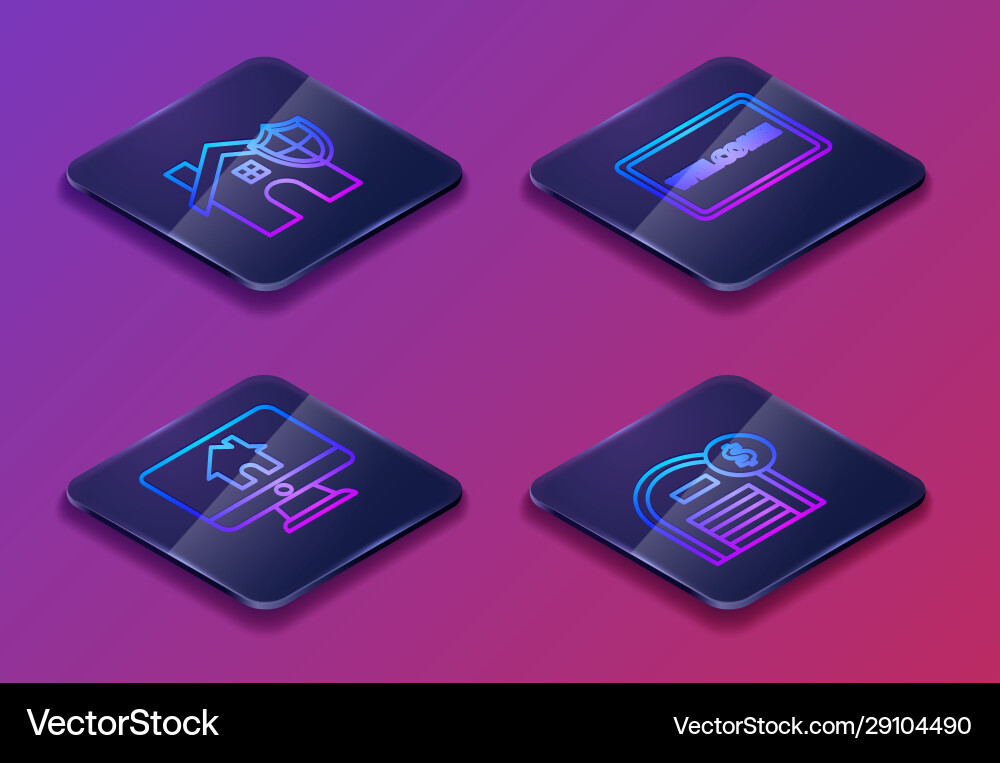 Set isometric line house with shield computer vector image
