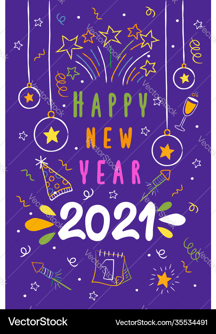 New year 2021 fun cartoon party doodle icon card New year 2021 fun cartoon party doodle icon card vector image