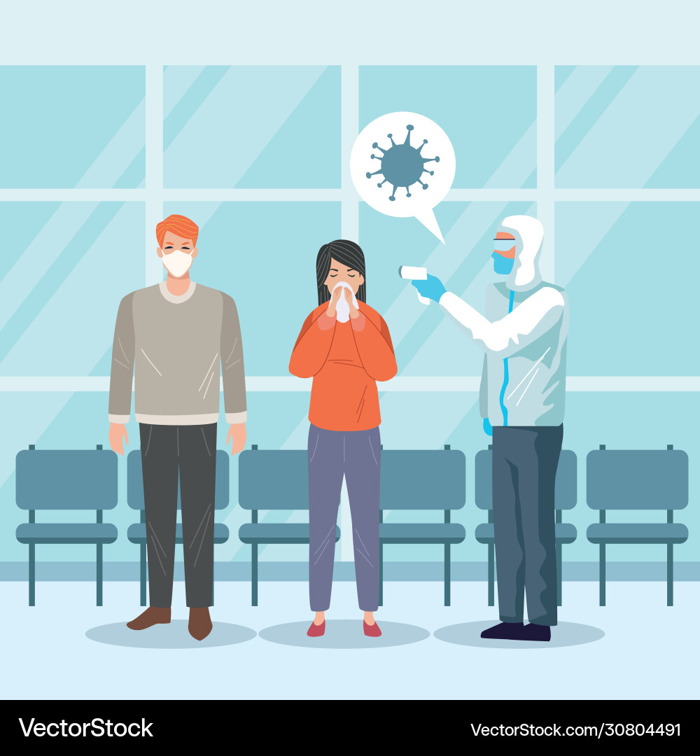 People using face masks in temperature check point People using face masks in temperature check point Vector Image