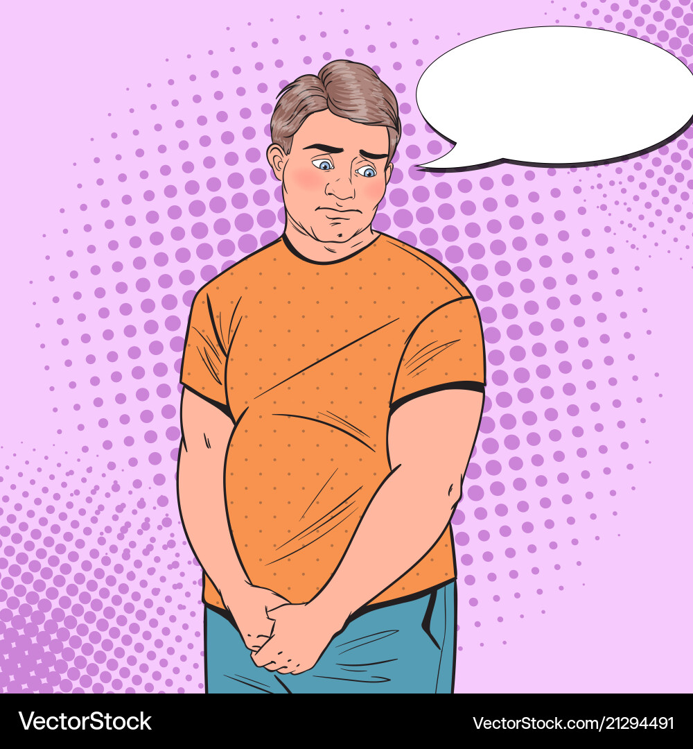 Pop art shy fat man overweight ashamed young guy vector image