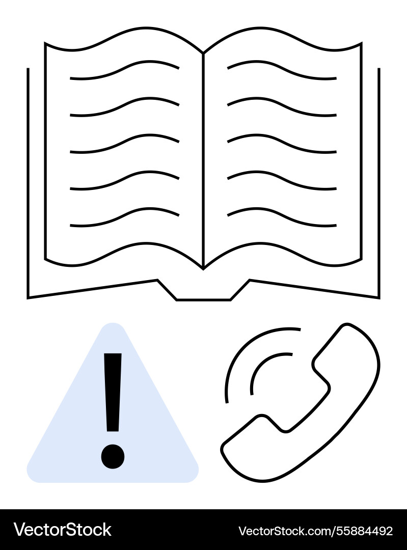 Offenes Buch mit Warnzeichen und Klingeltelefon Offenes Buch mit Warnzeichen und Klingeltelefon vektorbild