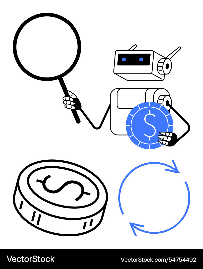 Robot with magnifying glass and coin Robot with magnifying glass and coin vector image