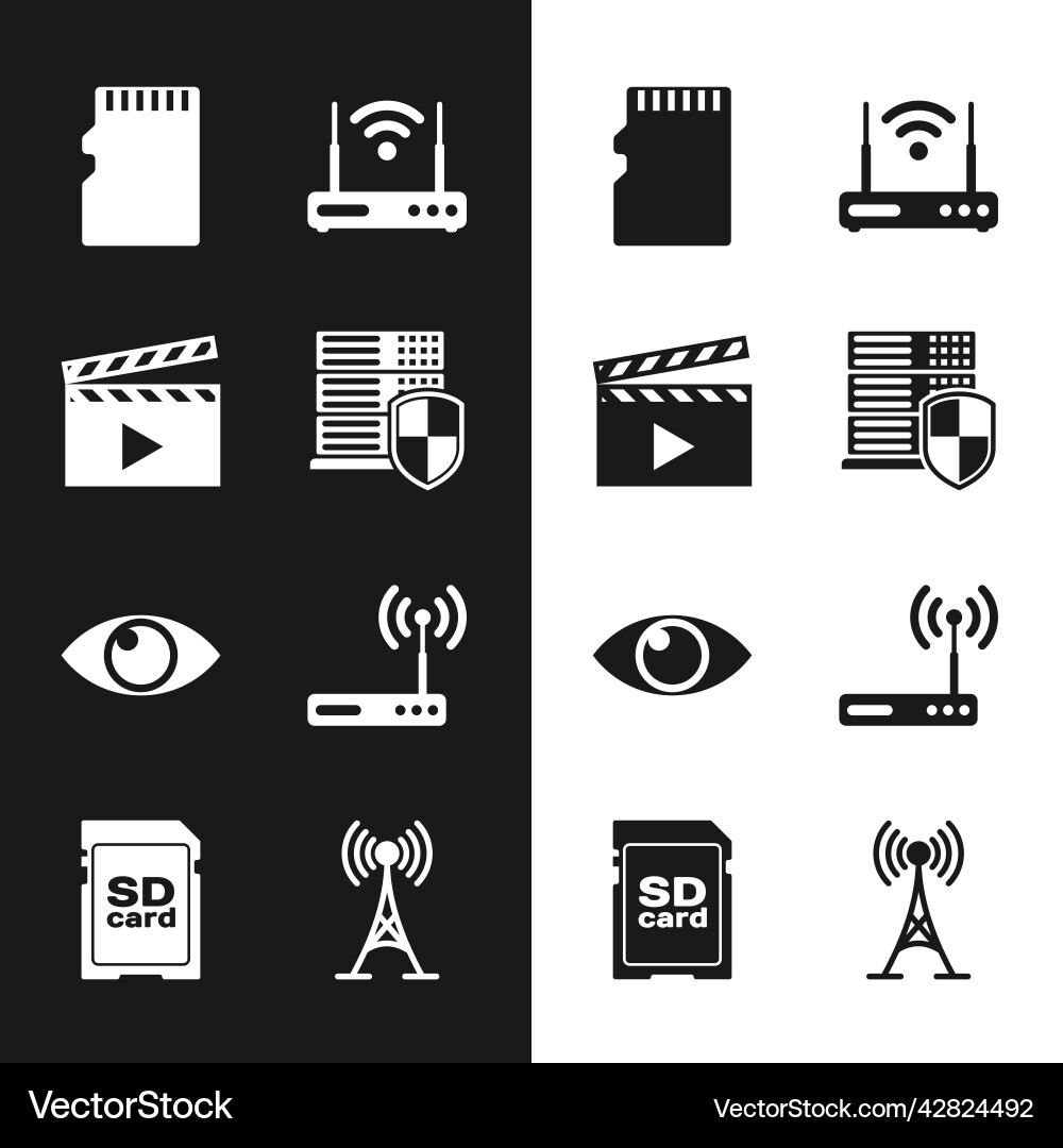 Set server with shield movie clapper micro sd Vector Image