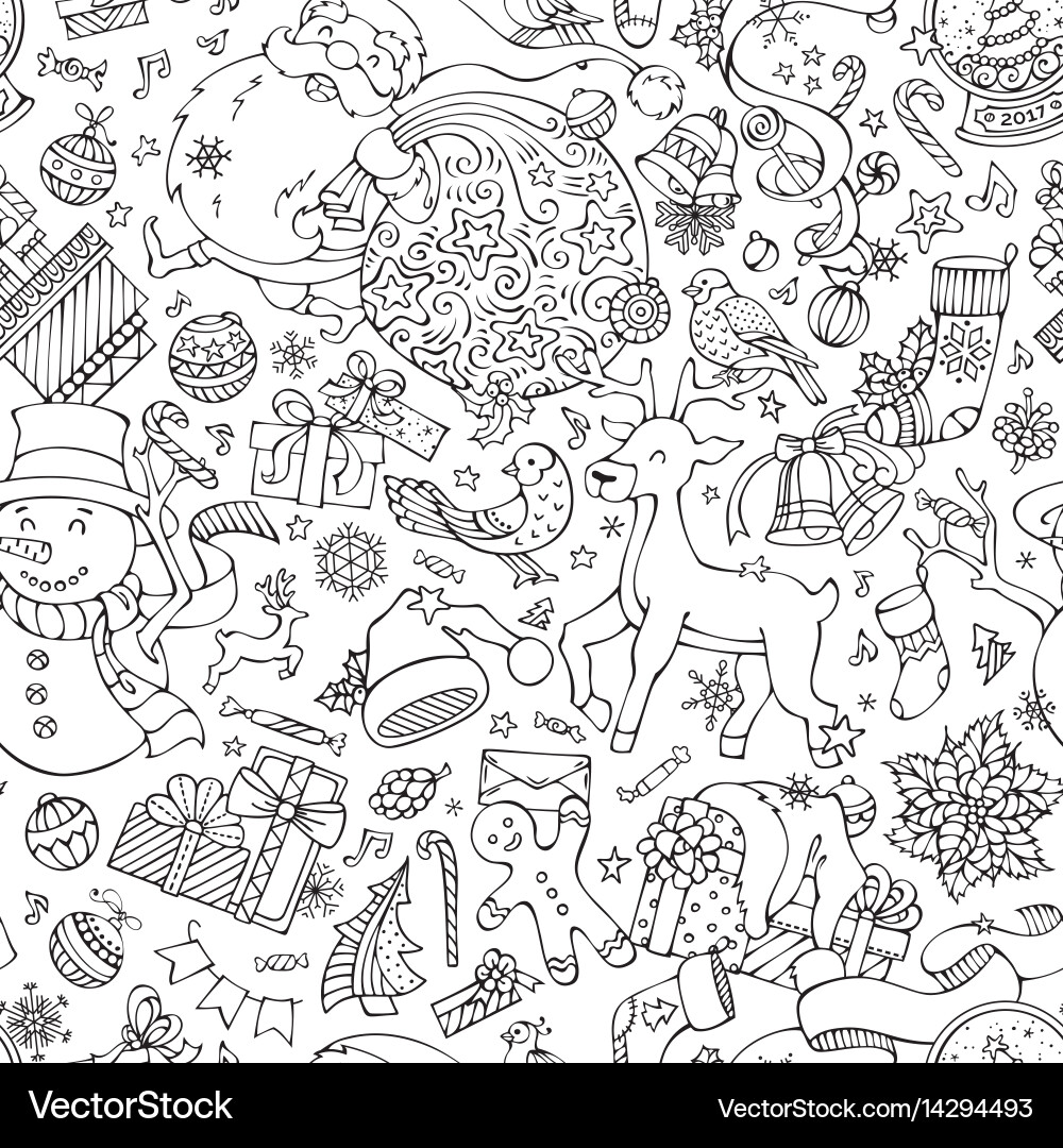 Merry Christmas Doodles Seamless Pattern Vector Image