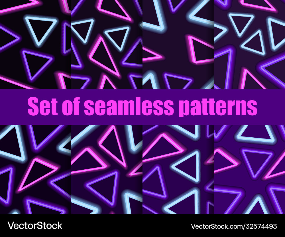 Neon triangles seamless patterns set 80s retro Neon triangles seamless patterns set 80s retro vector image
