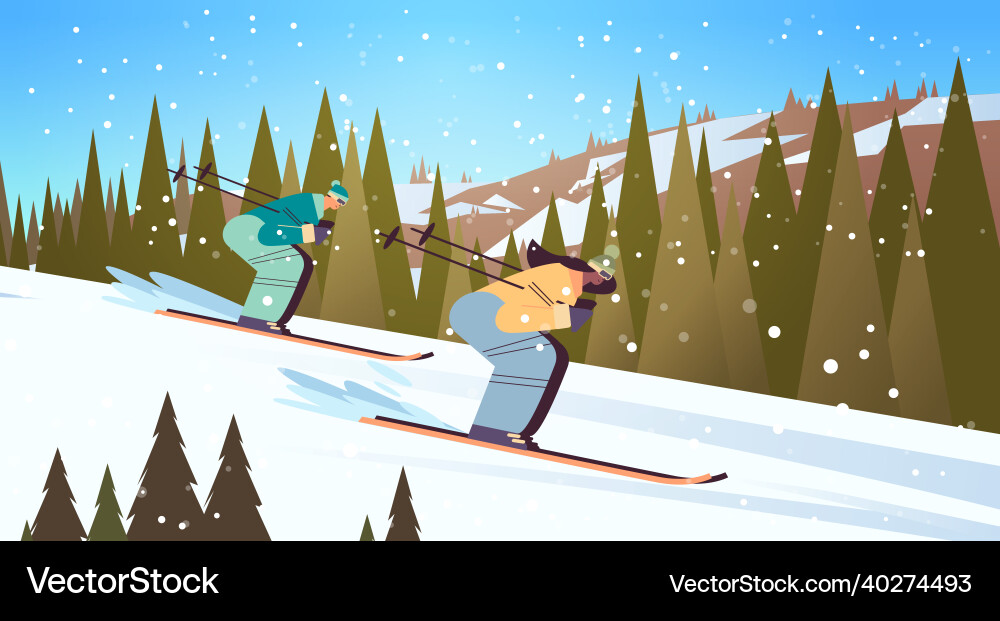 People skiing man woman tourists couple doing People skiing man woman tourists couple doing vector image