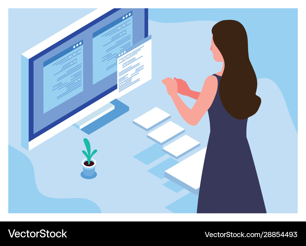 Woman working in front computer screen Vector Image