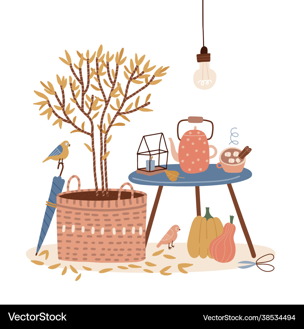 Cozy card in hygge style with coffee tanle tea Cozy card in hygge style with coffee tanle tea vector image