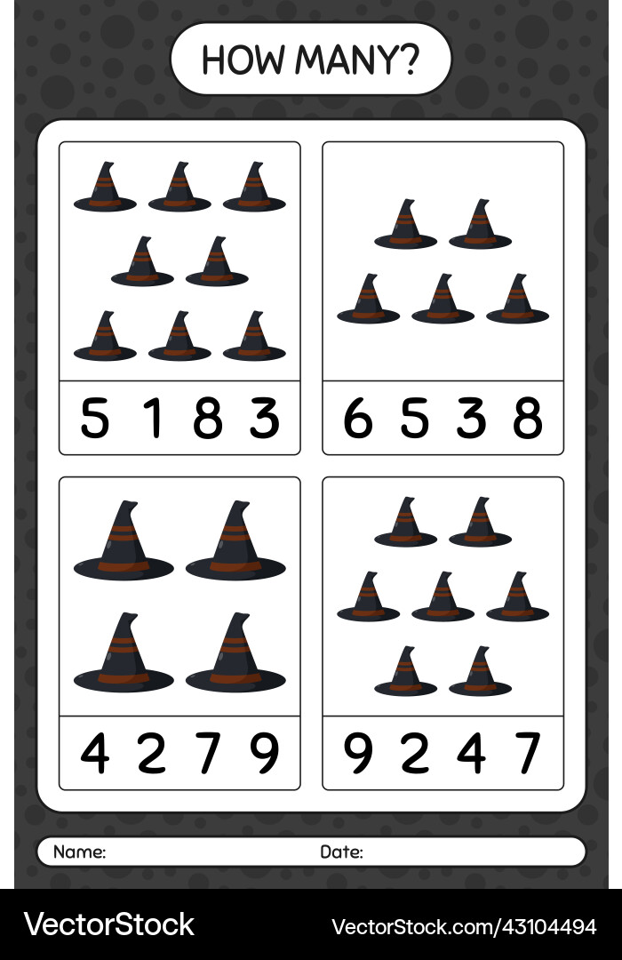 How many counting game with witchs hat worksheet Vector Image