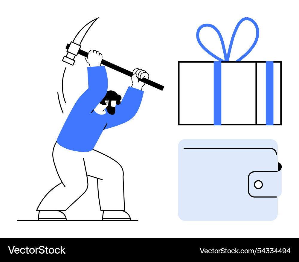Man mining with pickaxe near gift box and wallet vector image