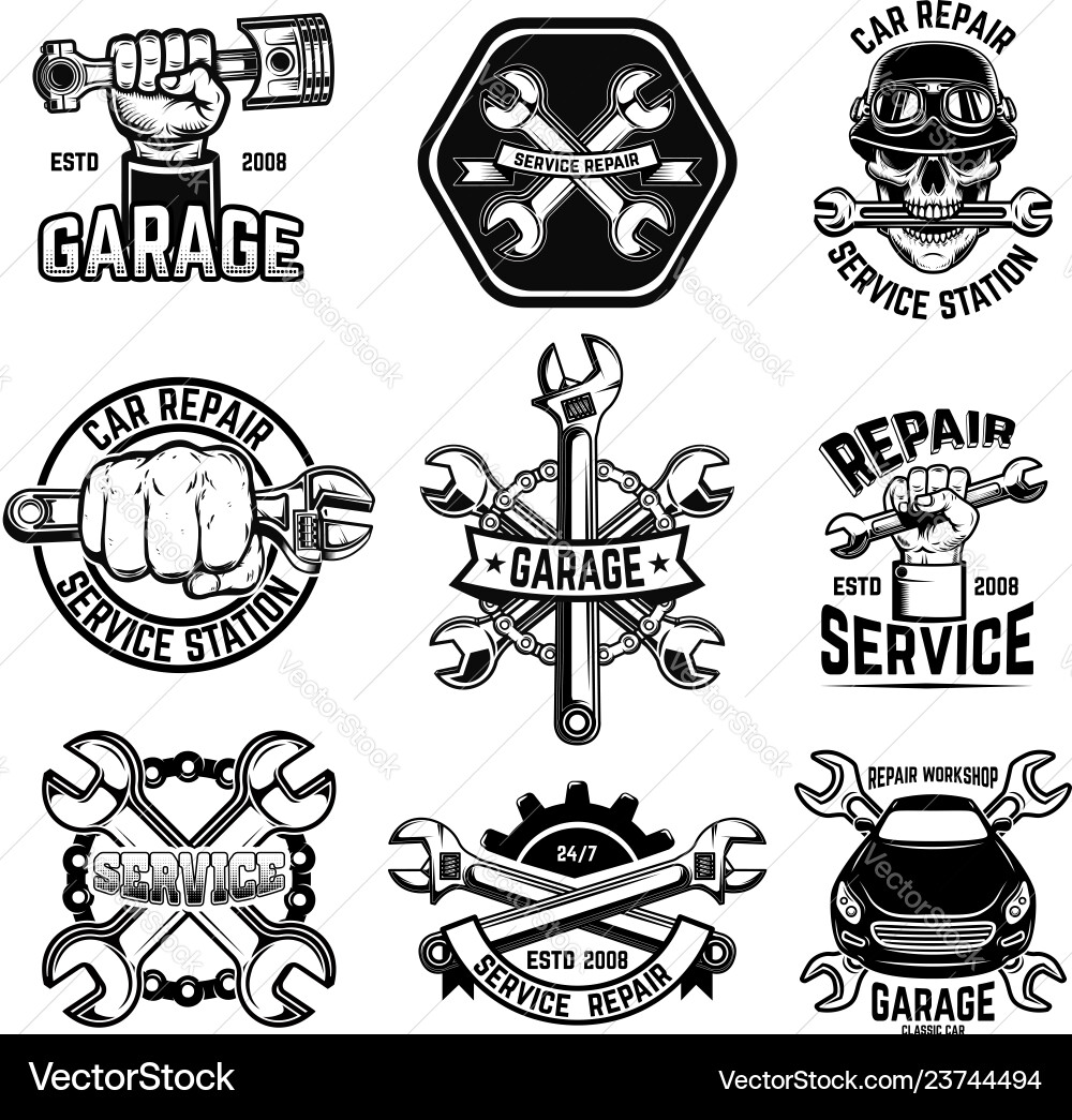 Set of car repair workshop emblems design element Set of car repair workshop emblems design element vector image