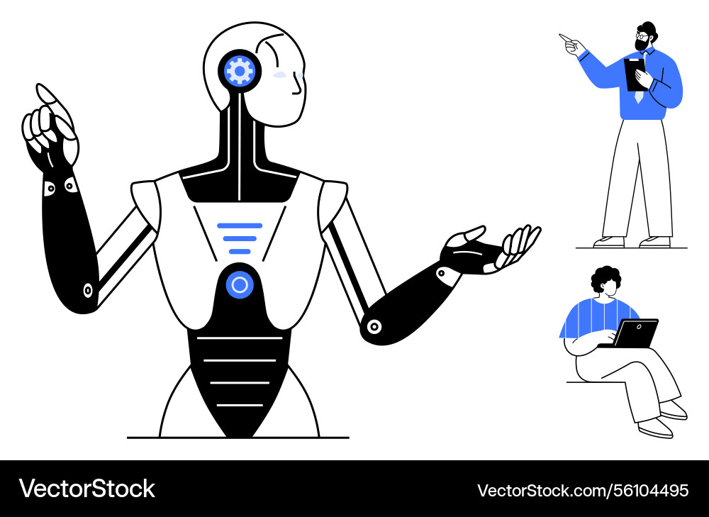 Humanoid robot explaining concepts to attentive Vector Image