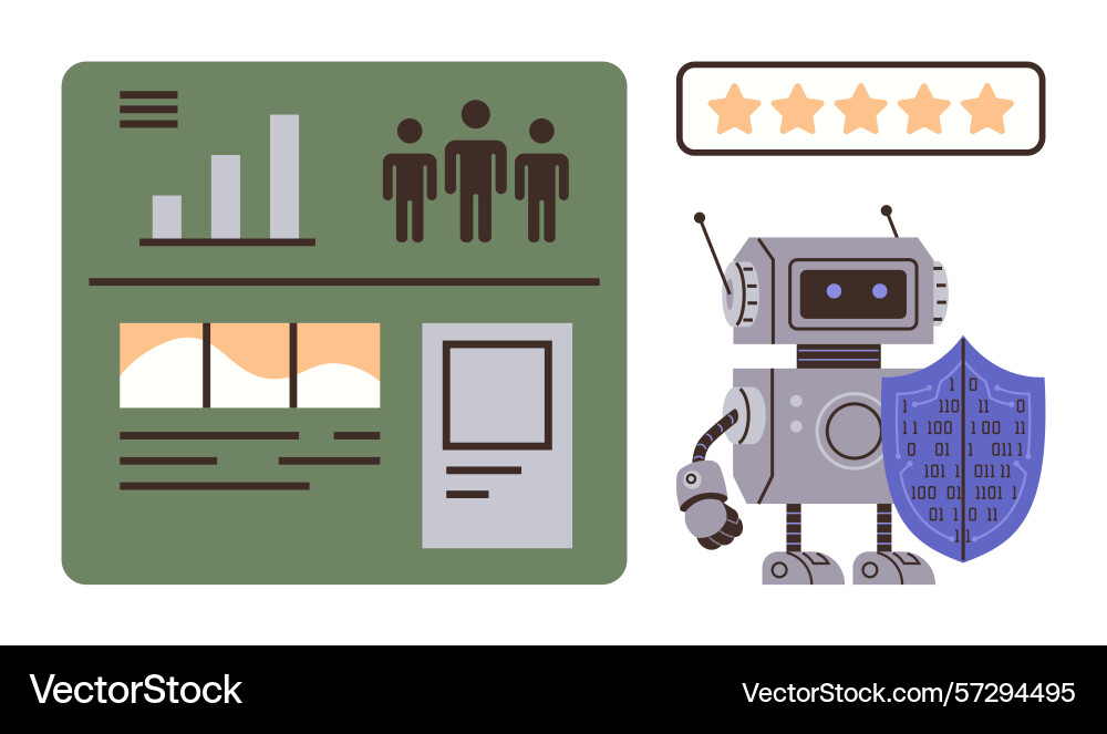Robot with shield analytics dashboard and five Robot with shield analytics dashboard and five vector image