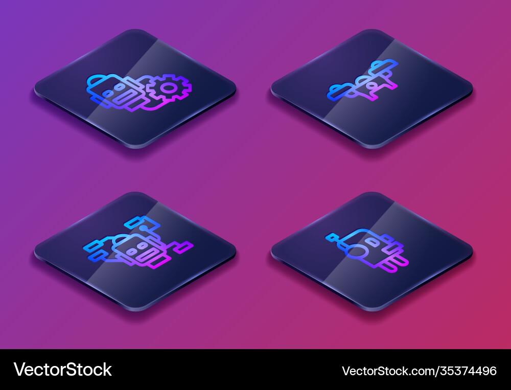 Set isometric line robot setting drone Set isometric line robot setting drone vector image