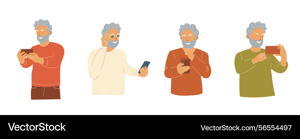 Senior man using smartphone set Vector Image