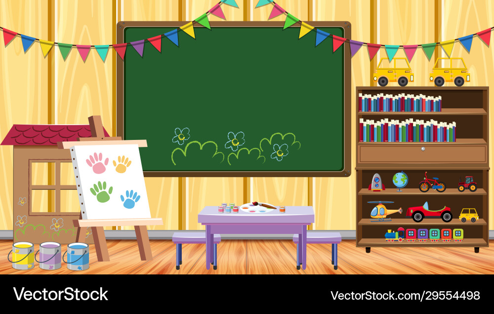Classroom with chalkboard and bookshelf Classroom with chalkboard and bookshelf vector image