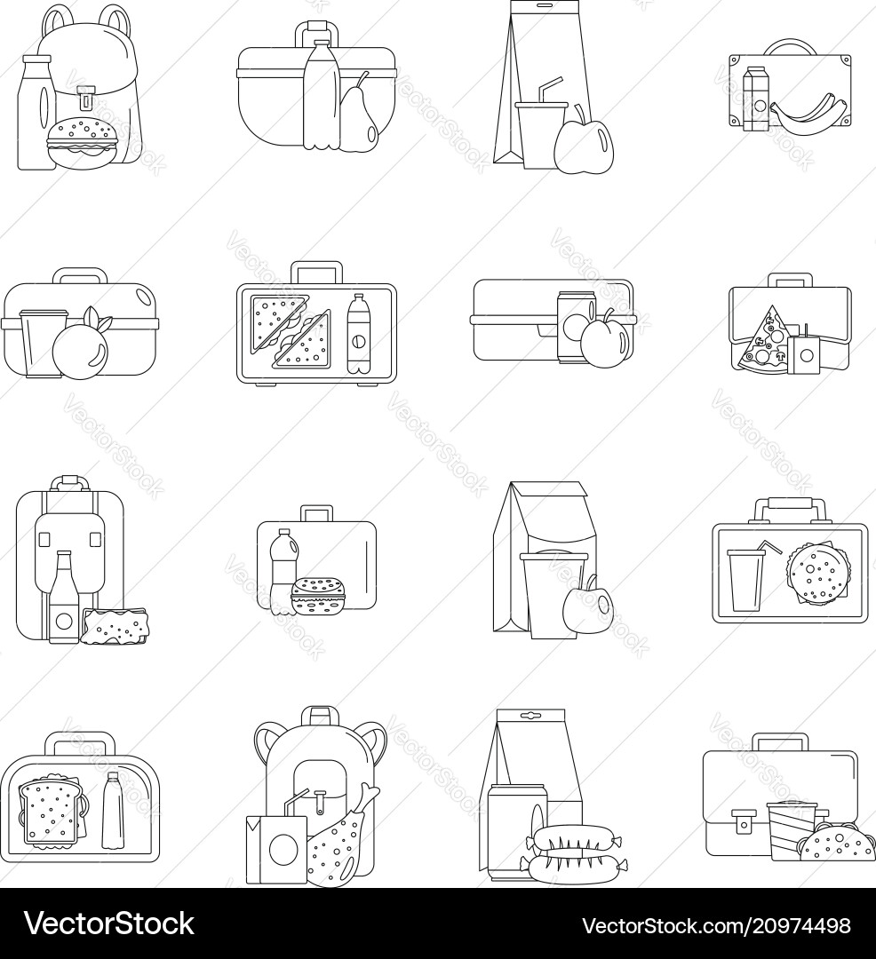 Lunchbox-Lebensmittel-Symbole setzen Kontur Stil Lunchbox-Lebensmittel-Symbole setzen Kontur Stil vektorbild