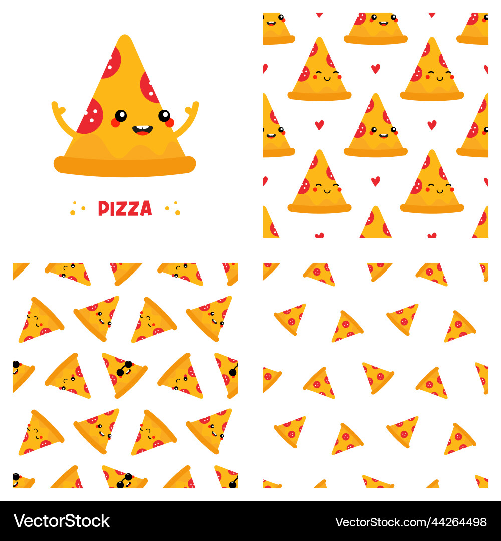 Pizza slice character and set of three patterns Pizza slice character and set of three patterns vector image